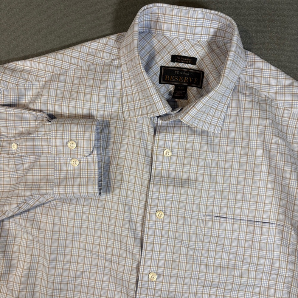 Jos A Bank RESERVE Button Up Long Sleeve Dress Shirt 17-33 Plaid Egyptian Cotton